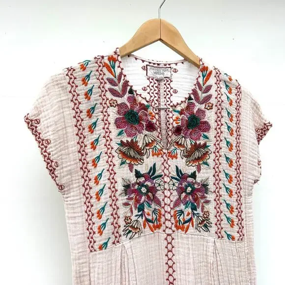 Johnny Was Nena Poncho Short Sleeve Cotton Cheesecloth Mini Dress Embroidered XS Johnny Was Nena Poncho Short Sleeve Cotton Cheesecloth Mini Dress Embroidered XS